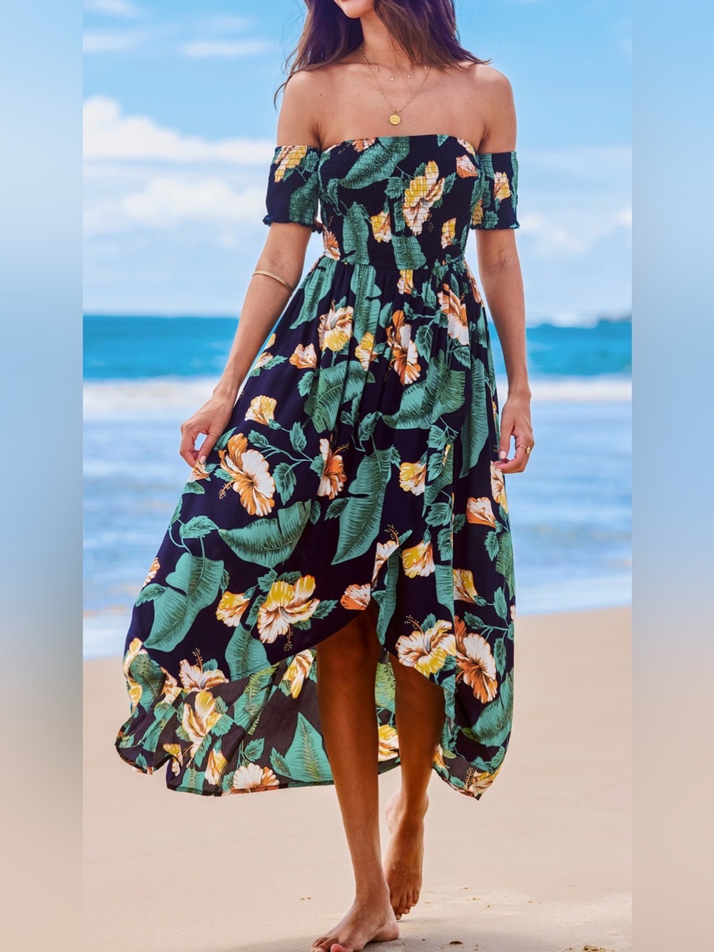 CUPSHE Navy Tropical Off Shoulder Asymmetrical Maxi Dress Sz Small NWT!
